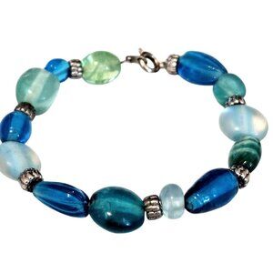 Blue Art Glass Beaded Silver Tone Spacers 7" Bracelet